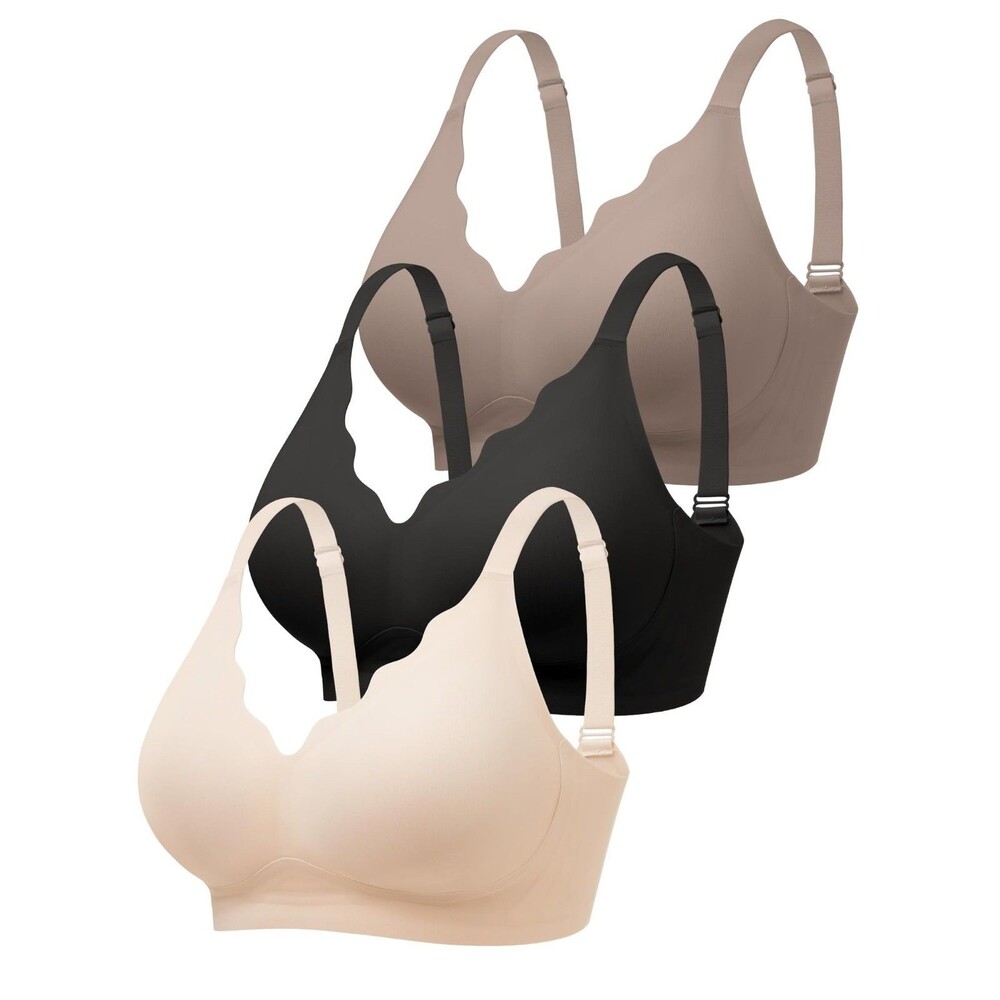 Cuteio Women's Wireless Bra 3-Pack Seamless Padded Bralette Black Nude Grey